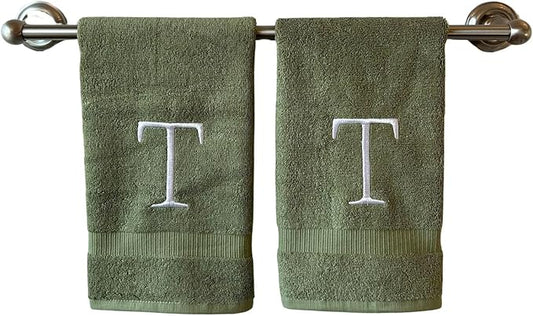 Sage Initial Hand Towel for Bathroom - Monogrammed Luxury Hotel Quality Decorative Embroidered Towel for Powder Room, Spa - GOTS Organic Certified - Set of 2 Letter T