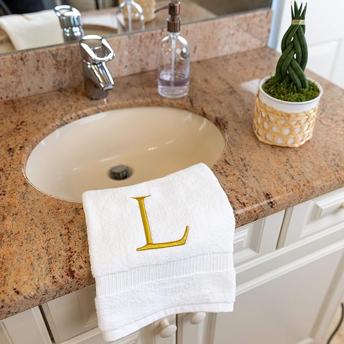 Monogrammed Hand Towels for Bathroom - Luxury Hotel Quality Personalized Initial Decorative Embroidered Bath Towel for Powder Room, Spa - GOTS Organic Certified - Set of 2 Gold Letter L