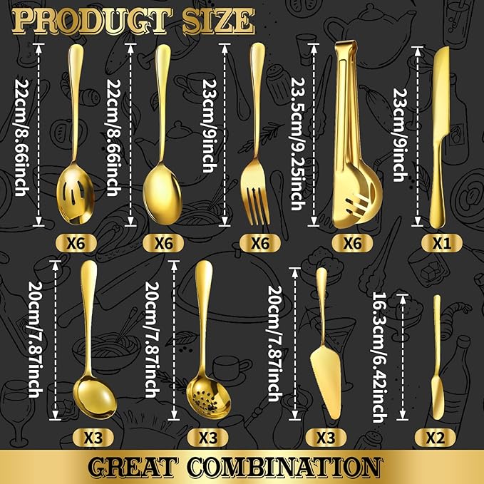 36-Piece Stainless Steel Serving Utensil Set – Complete Buffet Essentials with Spoons, Forks, Tongs, Ladle & More. Perfect for Wedding, Holiday, Catering, and Family Gatherings(Gold)