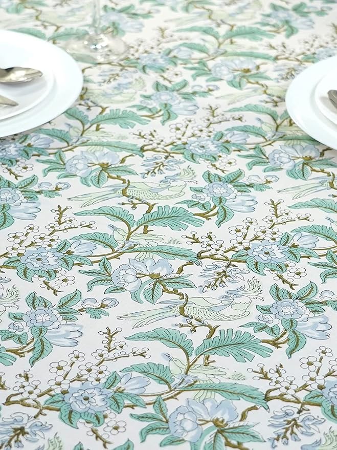 Ridhi Sage and Russian Green Hand Block Print Cotton Rectangle Tablecloth 190" x 72" inches Reusable Table Cover Decorative Everyday Use for Dining, Farmhouse, Home, Party, Festive, Wedding, Fall