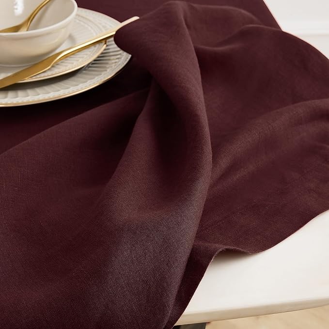 Solino Home Burgundy Linen Tablecloth 70 x 90 Inch - 100% Pure Linen Table Cloth for Rectangle Tables - Sonoma, Machine Washable Tablecloth for Christmas, New Year