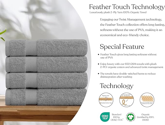 Delara 100% Organic Cotton Towels 650 GSM Plush Feather Touch Quick Dry Bath Sheet, Pack of 2 GOTS Certified, Oeko-Tex Green Certified, Organic Cotton Bath Sheet, 36"X70"