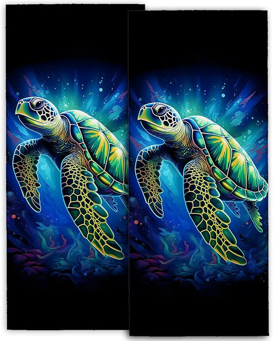 Sea Turtle Hand Towels Set 2PCS, 14.5x28 Inch, Neon Ocean Creature with Underwater Scene Design, Polyester Towel for Adults, Bathroom, Kitchen, Spa, Hotel, Vibrant Marine Decorative Gifts