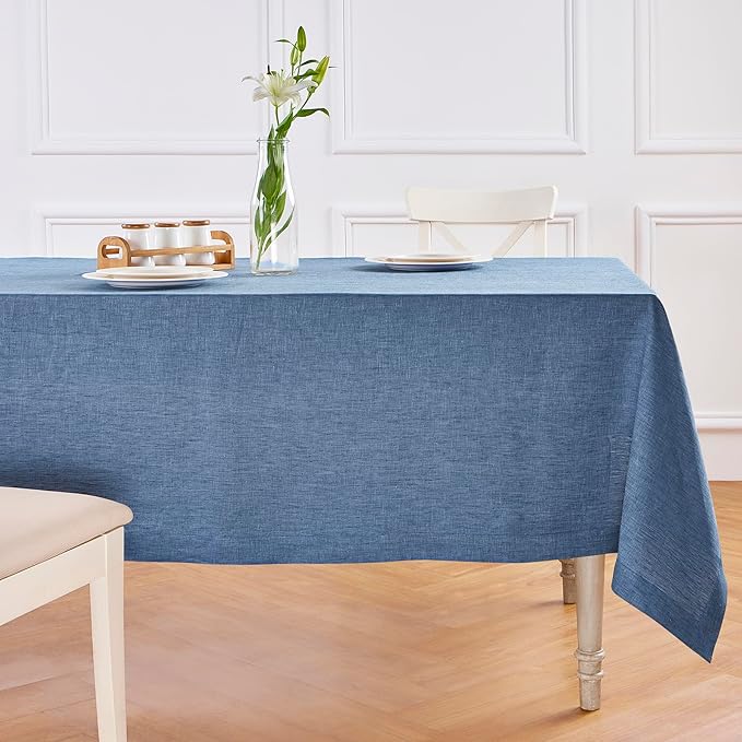 Solino Home Linen Tablecloth 60 x 144 Inch - 100% Pure Linen Blue Denim Table Cloth for Rectangle Tables - Athena, Machine Washable Tablecloth for Christmas, New Year