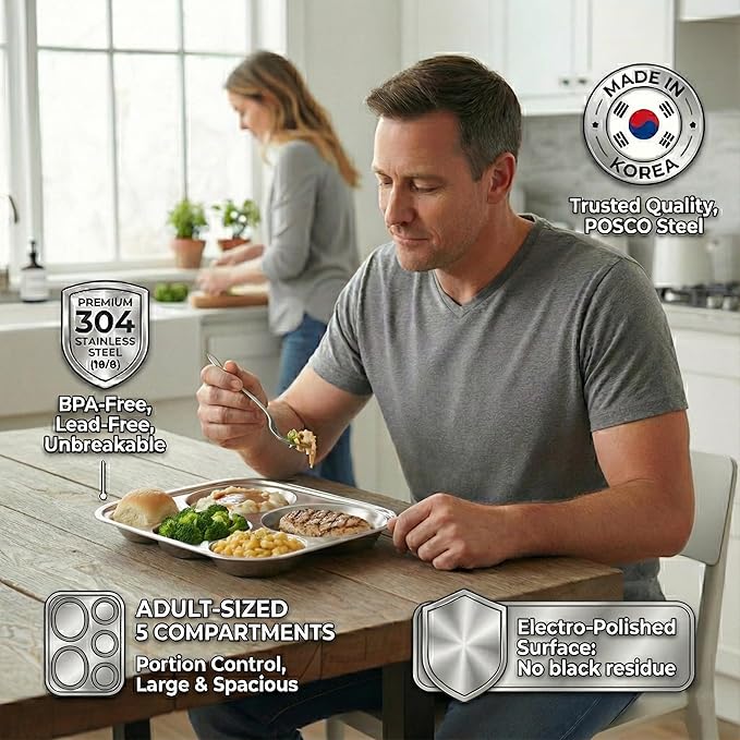 Korean Stainless Steel Divided Plates, Food Grade 304 Tray Large Size for Adults, Teens, Picky Eaters, Campers, BPA Free, Diet Portion Control, Serving Platter, Dinner Snack, Set of 2