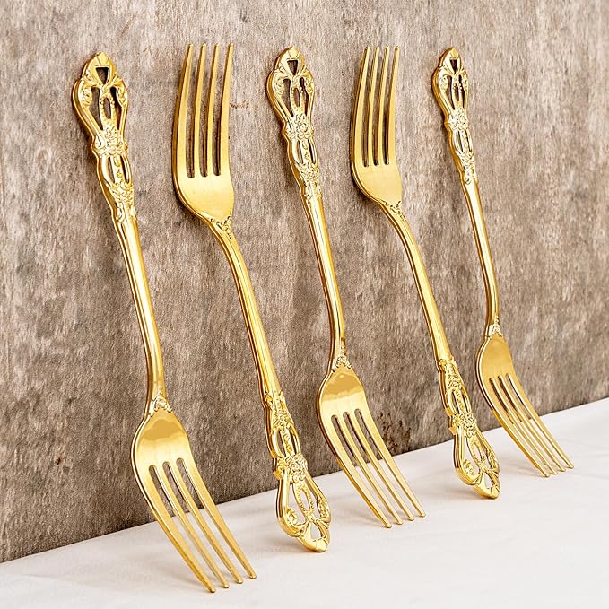 30PCS Gold Plastic Forks - 8.1inch Gold Forks Disposable - Vintage Heavy Duty Dessert Forks - Premium Fancy Plastic Silverware for Parties, Weddings, Dinners and Events