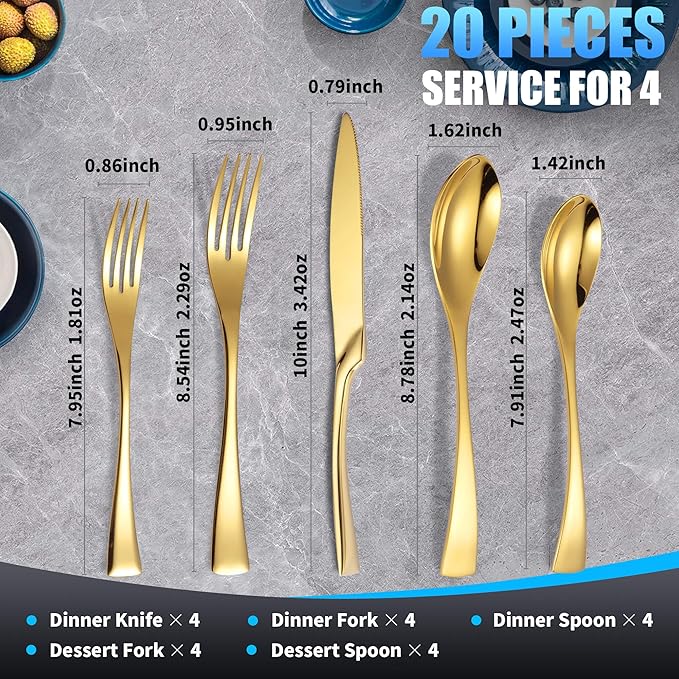 Lemeya 20-Piece Gold Silverware Set for 4,Heavy Duty 18/10 Stainless Steel Cutlery Set with Forged Stand Knife,Modern Flatware Utensils Set,Forks Spoons and Knives Set,Mirror Polished,Dishwasher Safe