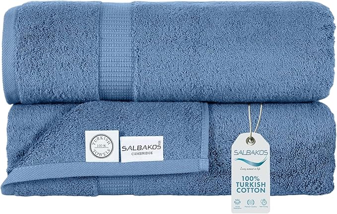 SALBAKOS 100% Turkish Cotton Extra Large Bath Sheet Set of 2 35x70 inch | Heirloom Quality | Hotel & Spa Collection | Soft, Absorbent Oversize Bath Towels | Made in Turkey (Blue, 2 Bath Sheets)