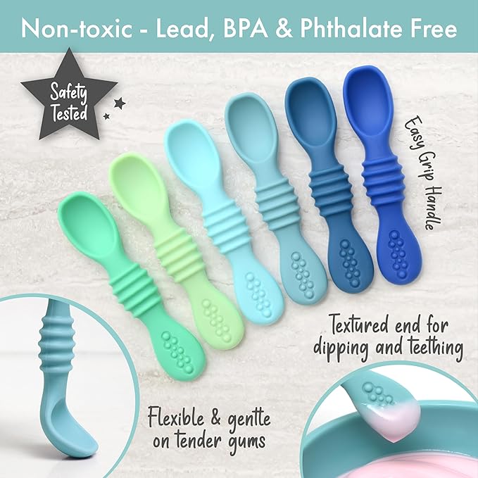 PrimaStella Silicone Chew Spoon Set for Babies and Toddlers - Safety Tested - BPA Free - Microwave, Dishwasher and Freezer Safe - Seaside Palette