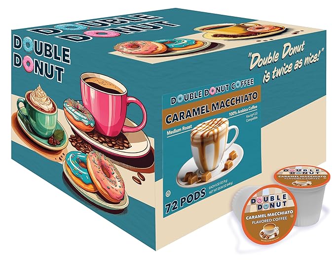 Double Donut Coffee Caramel Macchiato Flavored Coffee Pods,Medium Roast Coffee Compatible with Keurig K Cups Brewers, 72 Count