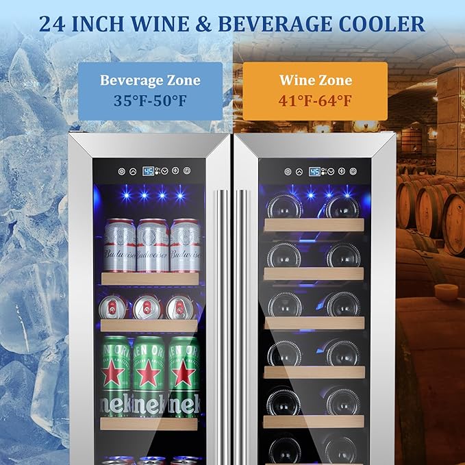 24 Inch Wine and Beverage Refrigerator, Dual Zone Beverage Cooler with Glass Door, Built-In or Freestanding Wine Fridge with Fast Cooling, 20 Bottles and 88 Cans Large Capacity