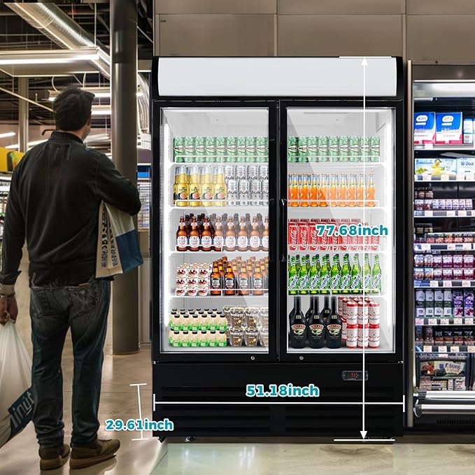 36 Cu Ft Commercial Beverage Refrigerator with 2 Glass Doors - Upright Drink Cooler Merchandiser with LED Light Display, 8 Adjustable Shelves, Black, ETL Approved for Business & Retail