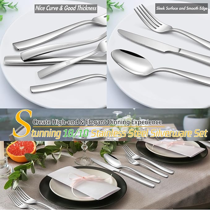 LIANYU 18/10 Stainless Steel Flatware Set for 12, 60-Piece Modern Silverware Cutlery Set, Fancy Square Eating Utensils Forks Spoons Tableware for Home Wedding Entertaining, Dishwasher Safe