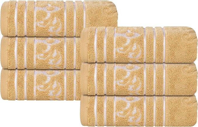 Superior Cotton Hand Towel Set, Small Towels, Plush Soft Absorbent Bathroom Basics, Home Essentials, Spa, Salon, Hotel, Kitchen, Luxury Quick Drying, Zero-Twist, Jacquard Floral, Set of 6, Gold