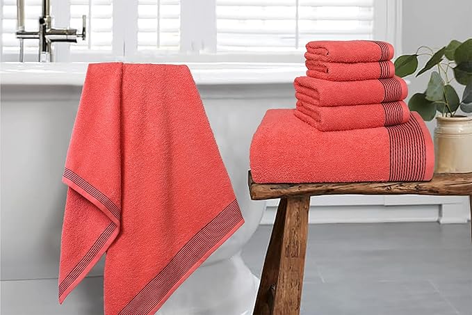 Belizzi Home 100% Cotton Ultra Soft 6 Pack Towel Set, Contains 2 Bath Towels 28x55 inchs, 2 Hand Towels 16x24 inchs & 2 Washcloths 12x12 inchs, Compact Lightweight & Highly Absorbant - Coral Orange