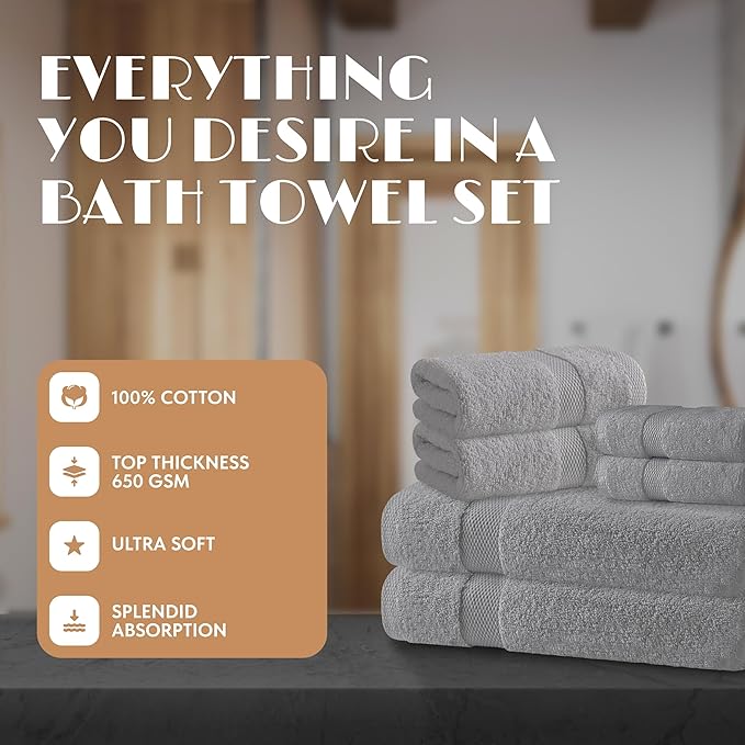 Light Gray Bath Towel Set of 6 - 100% Cotton Highly Absorbent Towels for Bathroom, 2 Luxury Bath Towels 650GSM, 2 Hand Towels, 2 Washcloths