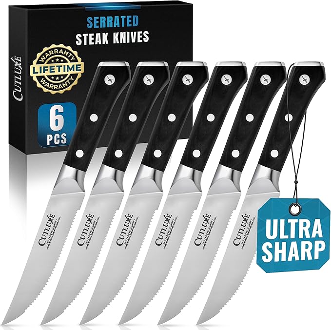 Cutluxe Steak Knives Set of 6, Serrated Steak Knives – Forged High Carbon German Steel, Full Tang, Ergonomic Handle Design – Artisan Series