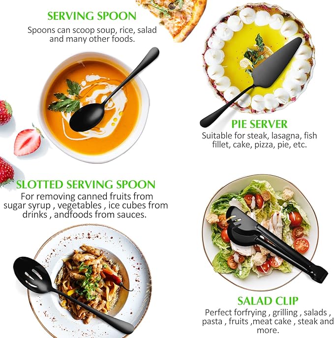 12 Pieces Black Serving Utensils, Stainless Steel Fine Vintage Serving Utensils with Serving Spoons Kitchen Mixing for Cake Server,Soup Ladle,Butter,Stirring,Tongs Ect Decorate Wedding