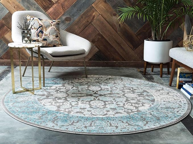 Unique Loom Traditional Classic Intricate Design with Distressed Vintage Detail, Area Rug (8' 0 x 8' 0 Round, Blue/ Gray)