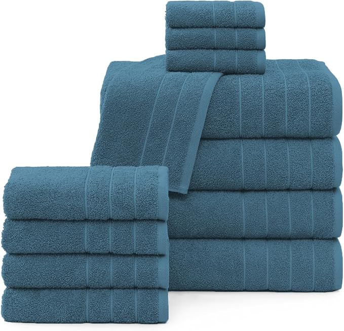 Casa Platino 100% Cotton Luxury Bath Towel Set - 12 Pieces - Ring Spun, Soft, Quick Dry & Extra Absorbent - 4 Bath, 4 Washcloths, 4 Bathroom Hand Towels - Minimal Lint After 3 Washes: Steel Blue