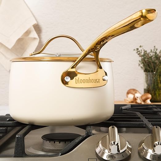 bloomhouse - Two Time Oprah's Favorite Things Winner - 3 Quart Heavy Duty Aluminum Premium PFA Free Ceramic Nonstick Saucepan with Lid - Almond Cream w/Gold Handle
