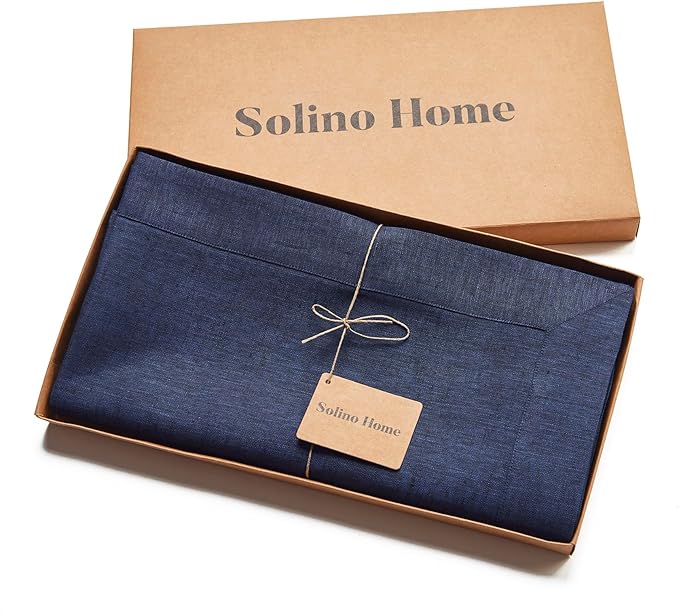 Solino Home Linen Tablecloth 60 x 108 Inch - 100% Pure Linen Chambray Navy Table Cloth for Rectangular Tables - Athena, Machine Washable Cloth Tablecloth for Christmas, Winter, New Year