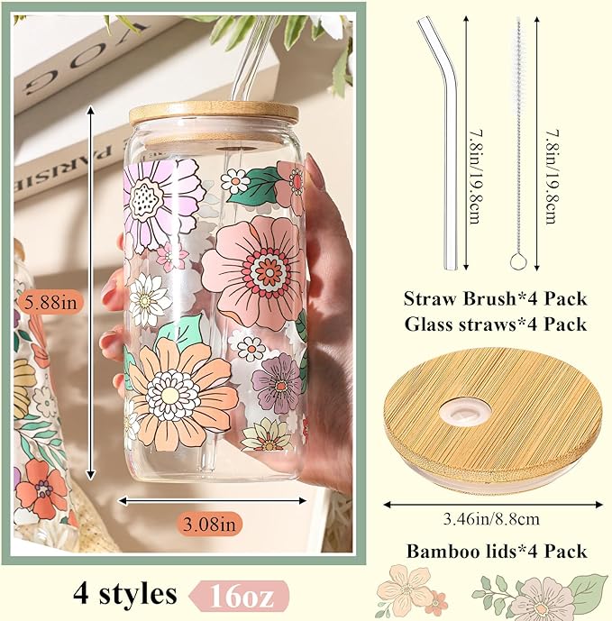 Mumufy 4 Pcs Gift for Women Bohemian Flower Cute Glass Cup Tumbler Boho Floral Iced Coffee Mugs 16 oz Glass with Bamboo Lid & Straw, Mothers Day Birthday Gift for Mom Sister Bridesmaid Baby Shower