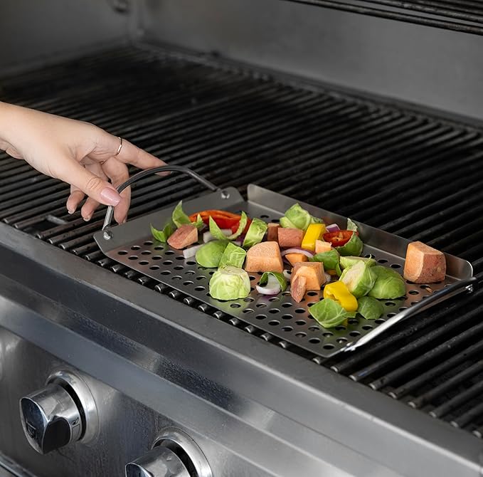 Outset 76631 Stainless Steel Grill Topper Grid, 11"x7" BBQ Pan With Handles