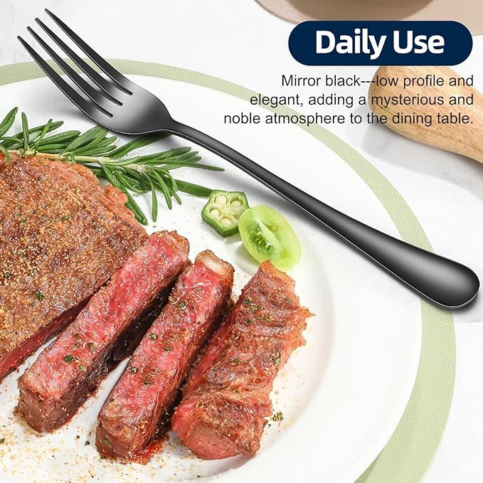 12 Piece Dinner Forks, 8 Inch, Top Food Grade Extra-Fine Stainless Steel Silverware Forks，Silverware Set, Dishwasher Safe （Black)