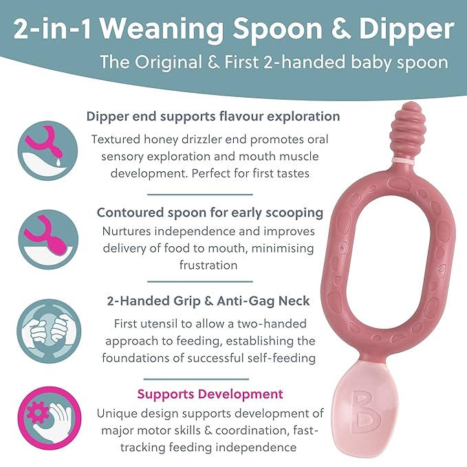 Bibado - Dippit Baby Spoon and Dipper, Blush (2-Pack) - Soft, Chewable Dipper & Deep Spoon - Two-Hand, Sensory Grip - Toddler Utensils - Baby Led Weaning Supplies - Baby Essentials - 6 Months+