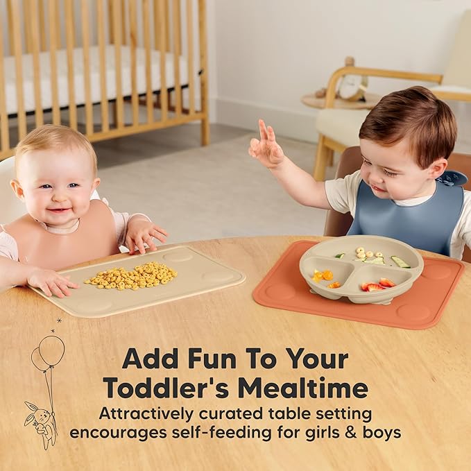 KeaBabies 2-Pack Silicone Placemats for Toddlers - 12x9 Non Slip Suction Baby Silicone Placemat for Kids Eating, Easy to Clean, Busy Travel Baby Mat for Dining Table, Food Grade/BPA-Free (Terracotta)