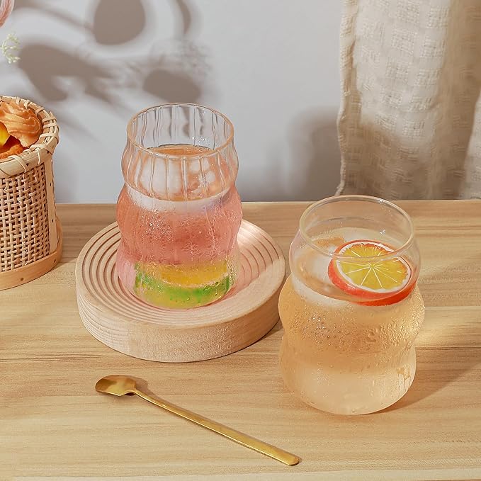 Koythin 2-Piece Ribbed Glass Cups, Vintage Drinking Glassware for Iced Coffee Juice Cocktails Milk Tea Beer, 16 oz/460 ml Cute Bubble Cup with Wave Shape (Cloudy Chubby)