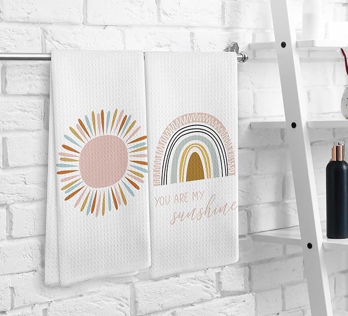 You are My Sunshine Boho Nursery Sun Sunshine Rainbow Kitchen Towels and Dishcloths Sets of 2,Boho Absorbent Drying Cloth Hand Towels Tea Towels for Bathroom Kitchen,Gifts for Girls Kids,16×24 inches