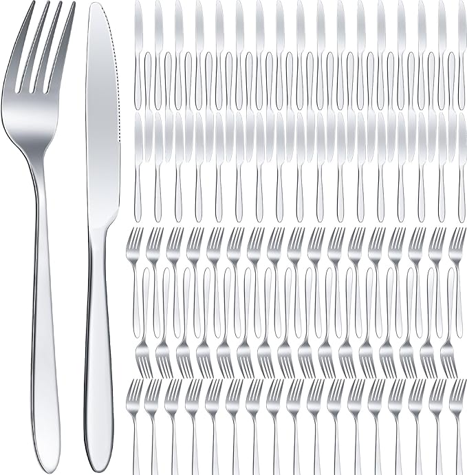 Nuenen 100 Pieces Stainless Steel forks and knives Dinner Flatware Set Tableware Cutlery for Butter Kitchen Restaurant, Dishwasher Safe(Silver,8.4 Inches, 7.1 Inches)