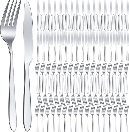 Nuenen 100 Pieces Stainless Steel forks and knives Dinner Flatware Set Tableware Cutlery for Butter Kitchen Restaurant, Dishwasher Safe(Silver,8.4 Inches, 7.1 Inches)