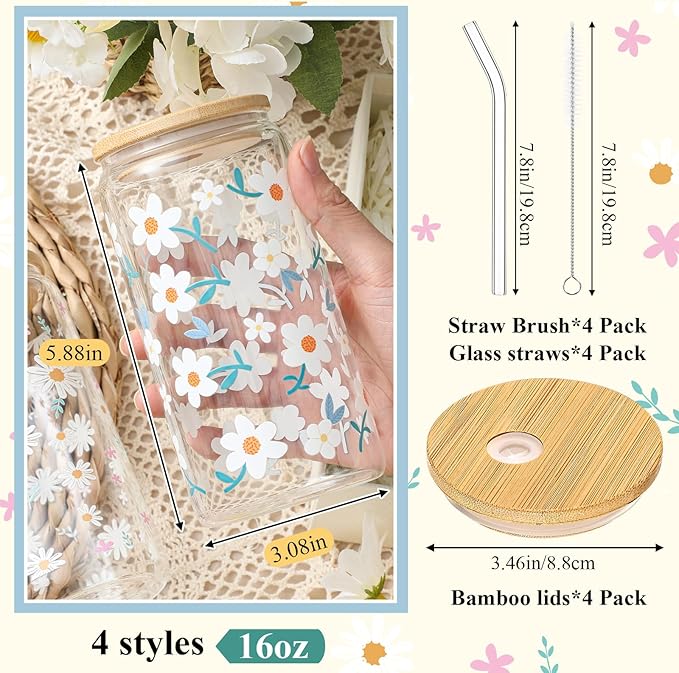 Mumufy Gift for Women Cute Glass Cup Tumbler Flower Iced Coffee Mugs 16 oz Glass with Bamboo Lid & Straw, Mothers Day Birthday Gift for Mom Sister Bridesmaid Baby Shower(4 Pack,Fresh Flower)