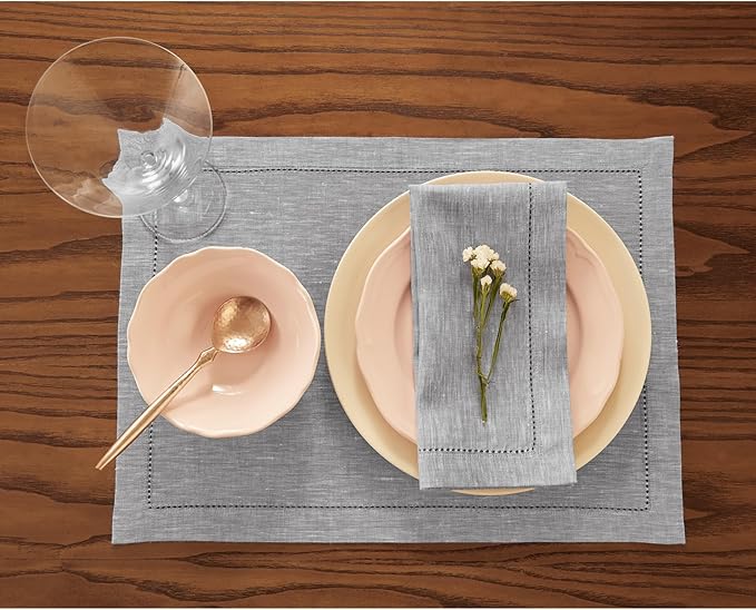 Solino Home Oyster Grey Linen Napkins Set of 4-100% Pure Linen Hemstitch Dinner Napkins 20 x 20 Inch for Holiday, New Year - Milan