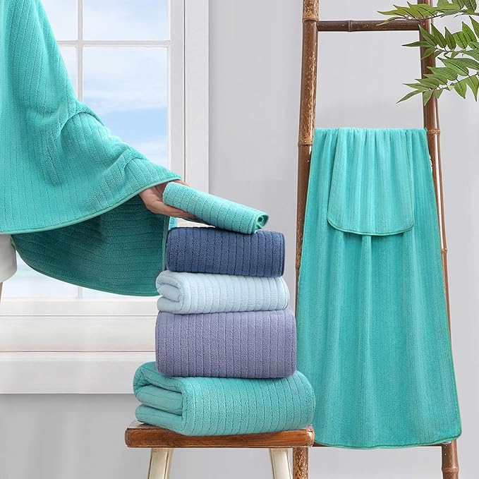 18 Piece Bath Towels Set,Ultra Soft Family Bathroom Towel Set with Hanging Loops-6 Bath Towels,6 Hand Towels,6 Washcloths,Highly Absorbent Quick Dry Shower Towel for Bathroom,Hotel,Spa-Teal Towel Set