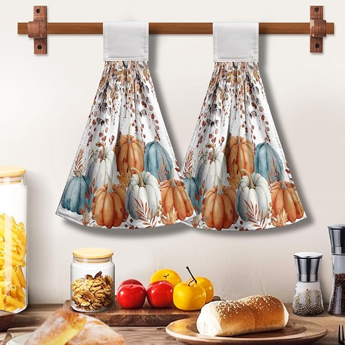 Fall Pumpkins Kitchen Hand Towels with Loop 2 Pcs Autumn Leaves Pumpkin Hanging Dish Towels Soft Absorbent Tie Towel Dishcloths for Bathroom Kitchen Washroom 17 x 12 in