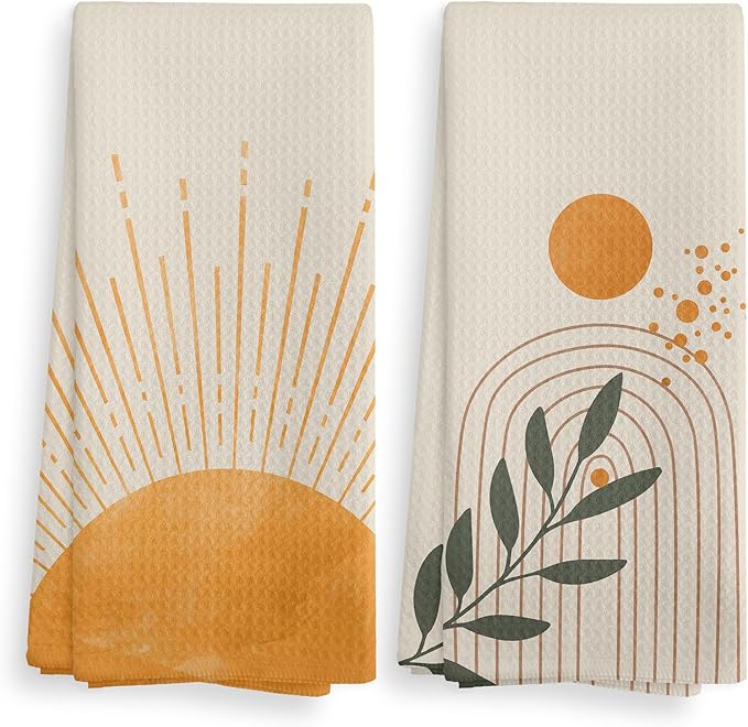 Boho Sun Sunrise Sunshine Rainbow Botanical Leaf Kitchen Towels and Dishcloths Set of 2,Boho Absorbent Drying Cloth Hand Towels Tea Towels for Bathroom Kitchen,Boho Gifts for Women Girls,16×24 inches