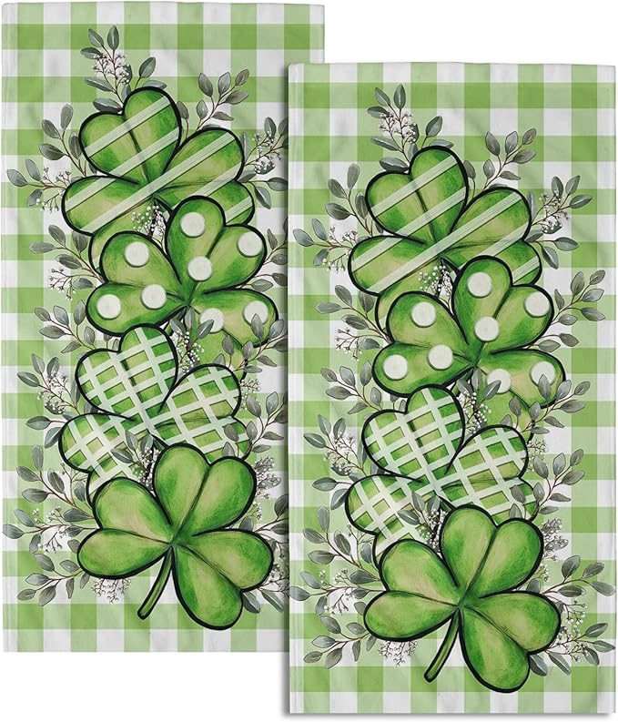 Imiss St. Patrick's Day Kitchen Towels Set of 2 Shamrock Eucalyptus Dish Tea Towels Green Buffalo Plaid Seasonal Spring Washcloth 14.4 x 28.3 Inch for Holiday Bathroom, Spa, Hotel