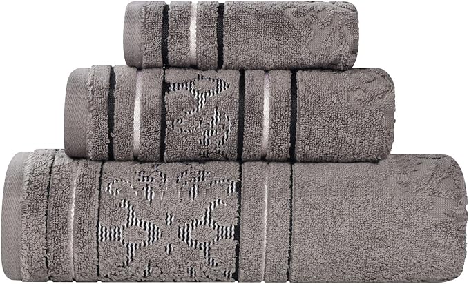 Superior Cotton 3 Piece Towel Set, Includes 1 Bath, 1 Hand, 1 Washcloth/Face Towel, Quick Dry, Home Essentials, Shower, Spa, Luxury Plush Soft Absorbent Towels, Zero Twist, Jacquard Floral, Charcoal