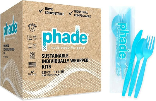phade 100% Compostable Cutlery Set – 675 Utensils - BPI Certified Forks, Knives & Spoons in Wrapped Compostable Packaging, 6.1–7.1 Inch Sustainable Disposable Utensils – Made in USA