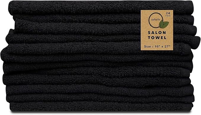 Softolle Salon Towels – Pack of 24 (16"x27") 100% Cotton Ring Spun (Not Bleach Proof) Ultra Soft, Highly Absorbent Hand Towels – Bulk for Spa, Gym & Salon (Black)