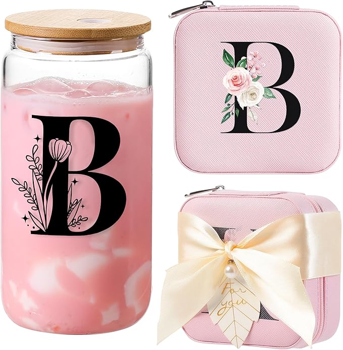 AYGXU Travel Must-Have Gifts,travel jewelry case organizer,small jewelry travel case,Cute Tumbler Cup,16oz bamboo lids for glass cups,teacher appreciation gifts for women,Initial B pink