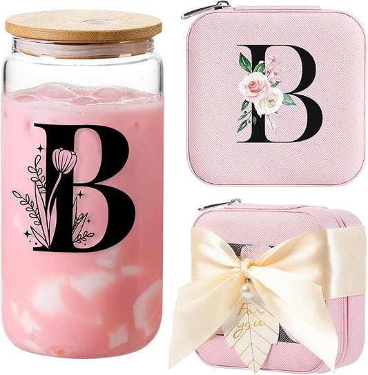 AYGXU Travel Must-Have Gifts,travel jewelry case organizer,small jewelry travel case,Cute Tumbler Cup,16oz bamboo lids for glass cups,teacher appreciation gifts for women,Initial B pink