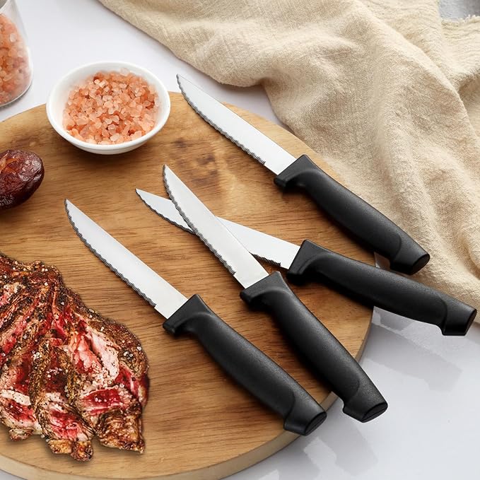 Pleafind 16-Pcs Steak Knives, 8.5 Inch Serrated Knives, Stainless Steel Steak Knives, Meat Knife for Table, Elegant Black Steak Knife Set for Home, Kitchen, Restaurant, Dishwasher Safe