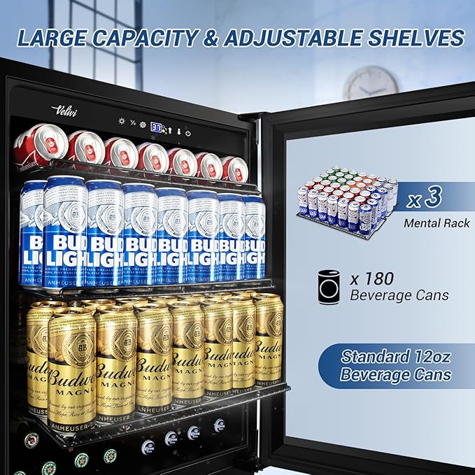 24" Black Beverage Refrigerator Cooler: 24Inch Built-In Under Counter Fridge for Soda, Beer, Drink | 168Cans Large Capacity - Perfect for Kitchen, Bar, or Office