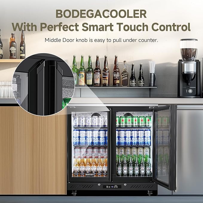 BODEGACOOLER Back Bar Cooler with 2 Glass Doors,7.7 Cu.ft Commercial Bar Beverage Refrigerator Under Counter LED Lighting for Soda Drinks,Beer,Wine with Stainless Steel Top,DOE Approved,4 Casters
