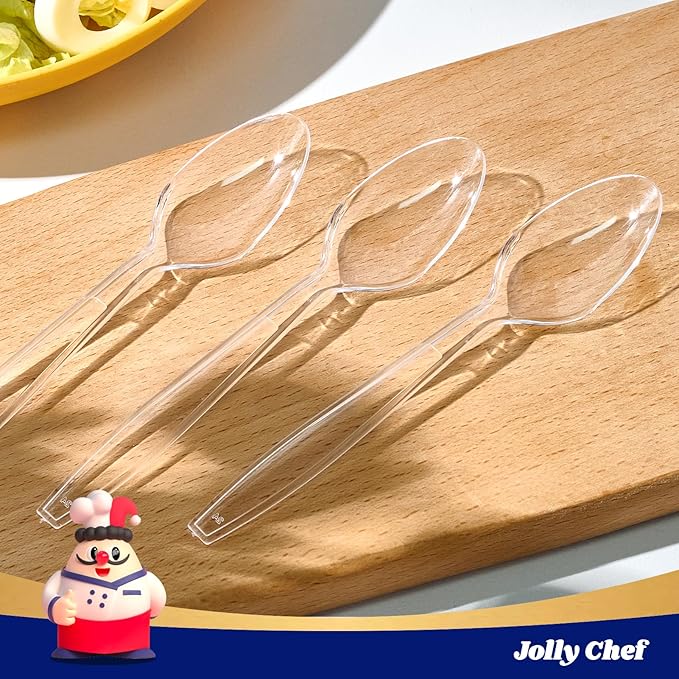 JOLLY CHEF 300 Count Clear Plastic Teaspoons Heavy Duty, 6.54" Heat Resistant Solid and Durable Plastic Teaspoons Disposable, Disposable Bulk Cutlery Suitable for Parties Supply Events Everyday Use